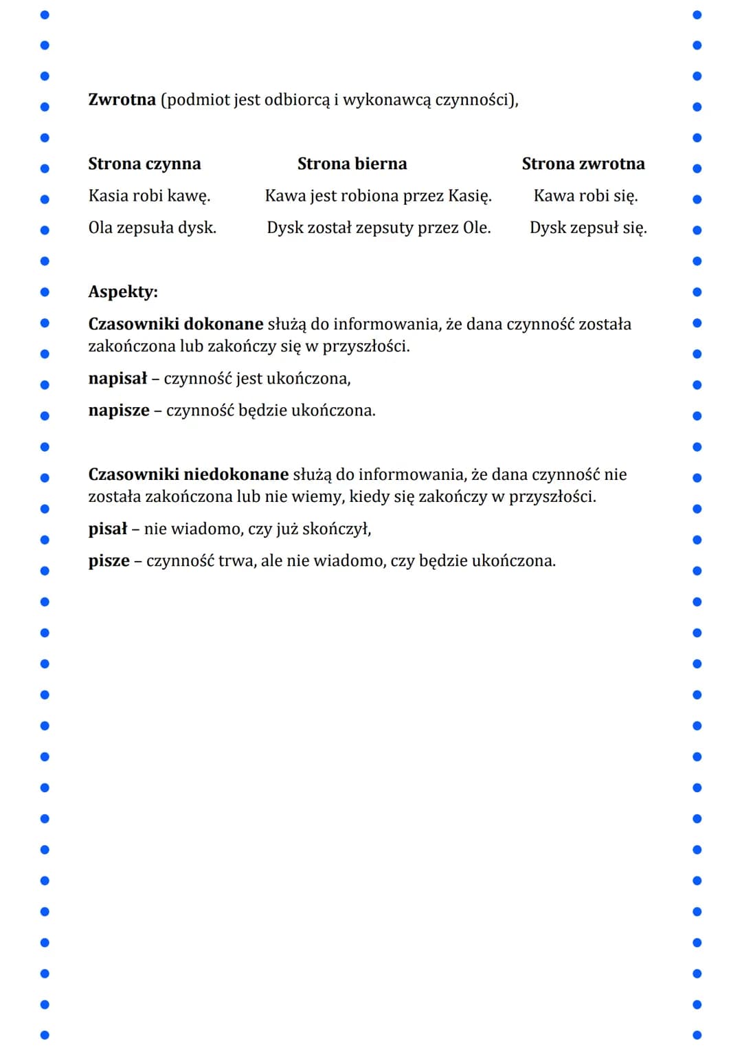 
<p>Czasownik to odmienna część mowy, która nazywa czynności i stany. Odpowiada na pytania: co robi? i co się z kimś czymś dzieje?</p>
<h2 i