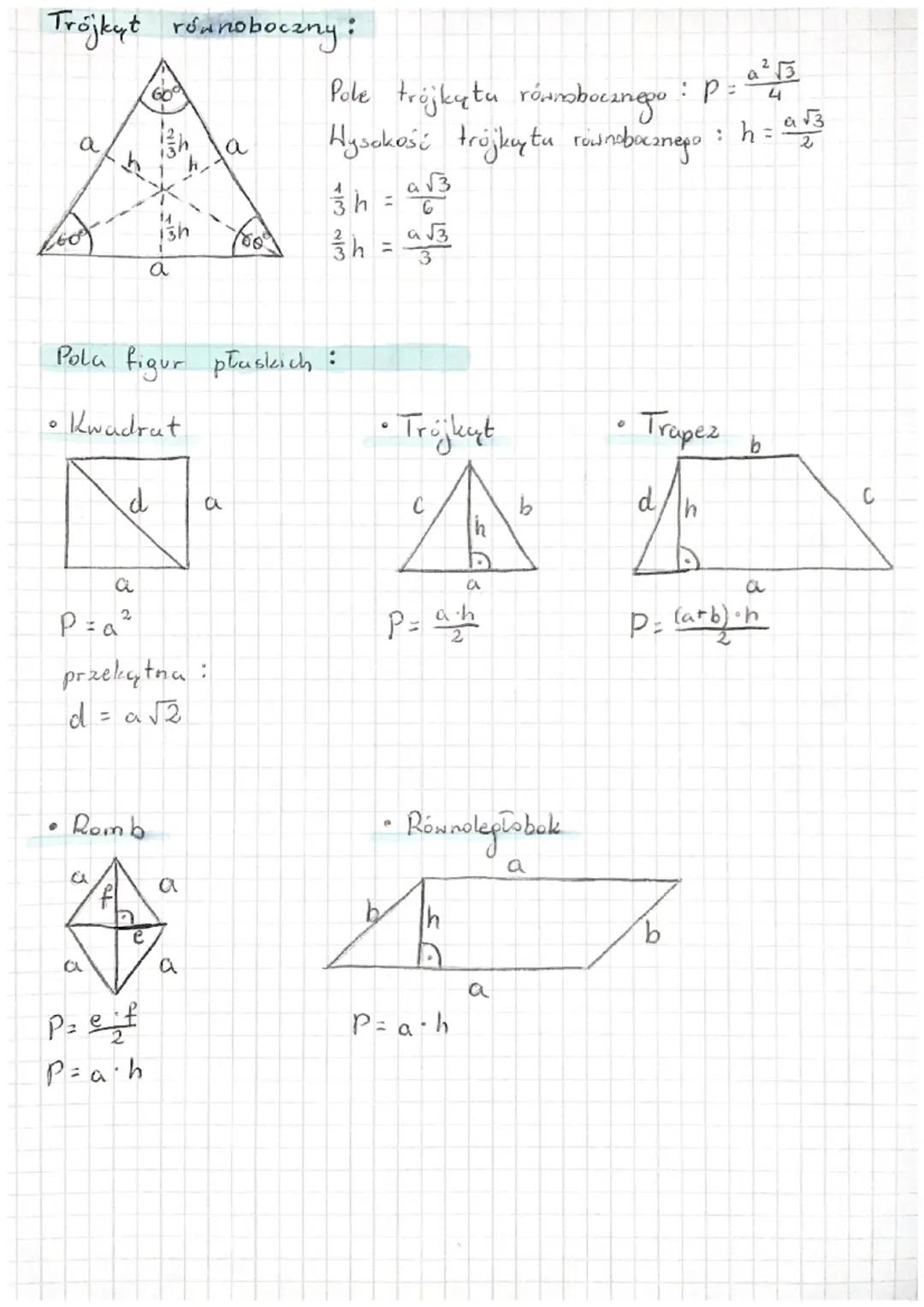 WZORY egzamin
8-klasisty
Twierdzenie Pitagorasa:
C
2
2
2
a
+ b
= C
Trójkąty szczególne
I
trójkyt
katach 90°, 45°, 45°
a
45'
a√2 a
a
trójkąt
