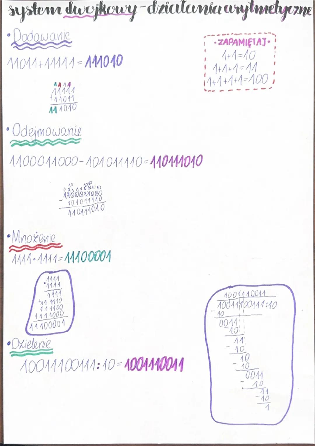 systemy liczbowe
•Dwójkowy no dziesiętny
2° 2° 22°
=
1011, -2+2+2° 8+2+1 = 11 mo
=
dodajemy tylko 1
=1
ZAPAMIĘTAY!
• Ósemkowy na dwójkowy
36