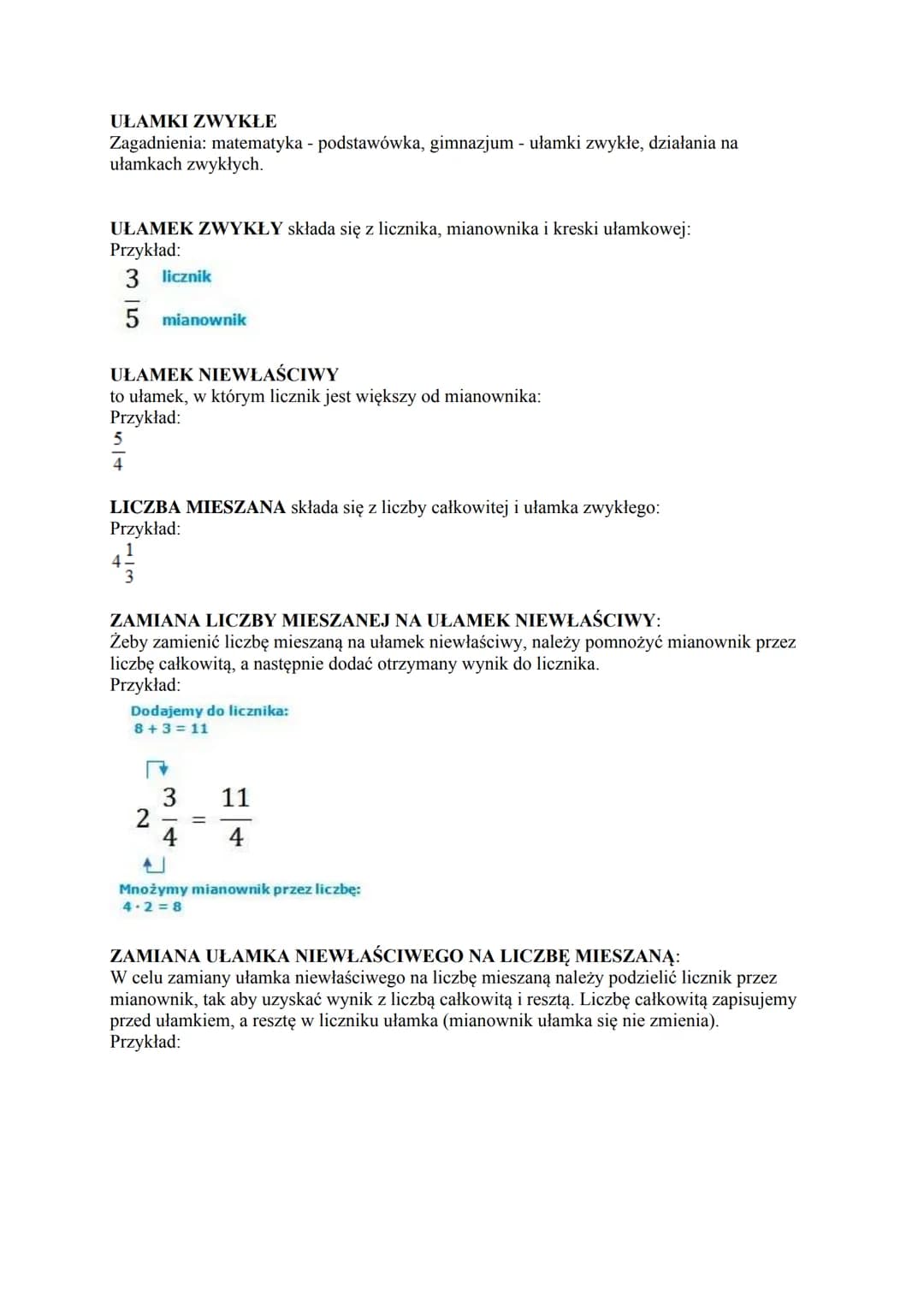 UŁAMKI ZWYKŁE
Zagadnienia: matematyka - podstawówka, gimnazjum - ułamki zwykłe, działania na
ułamkach zwykłych.
UŁAMEK ZWYKŁY składa się z l