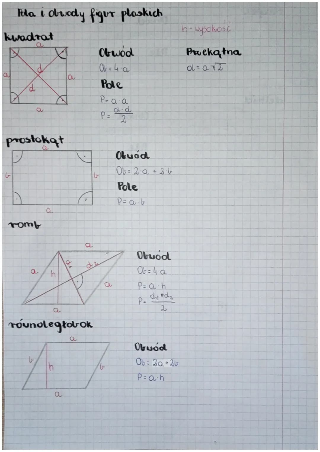 Pola i obwody figur plaskich
kwadrat
X
a
DY
2
3
prostokąt
romb
a
a
Ś
a
Th
a
a
da
A
równoległobok
a
Obwod
0 = 4 a
Pole
P = a · a
P=0₂2
A
Obwó