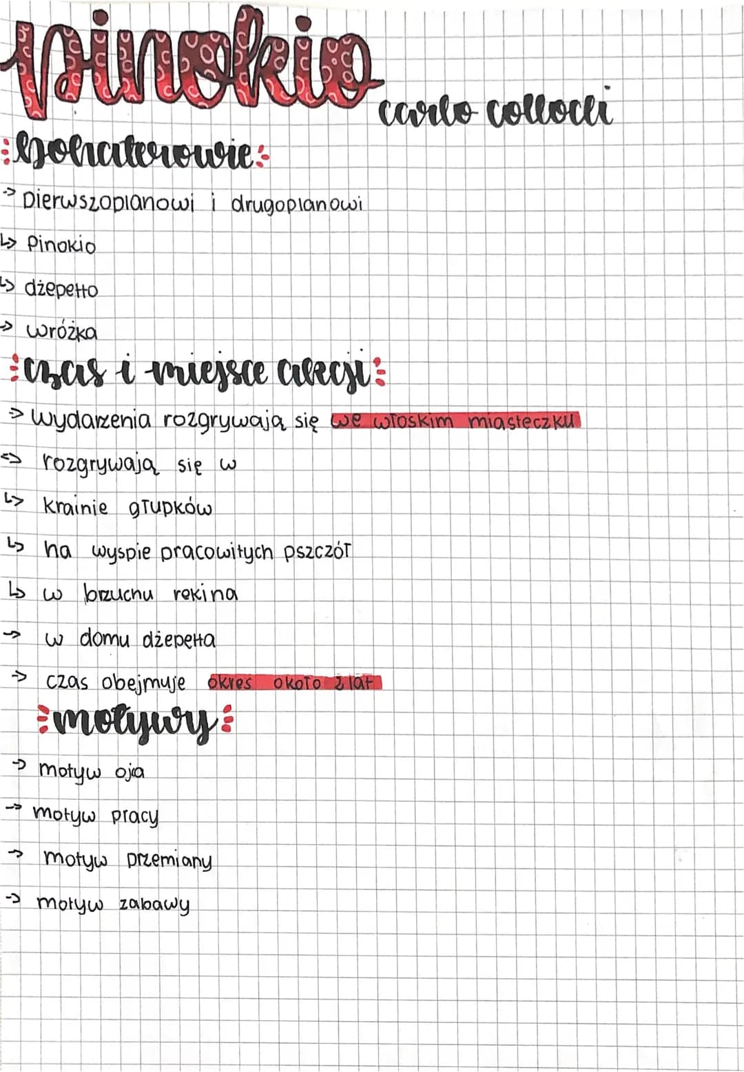 pinokio
bohaterowie
pierwszoplanowi i drugoplanowi
↳> Pinokio
>dżepetto
→wróżka
czas i miejsce alecst:
> Wydarzenia rozgrywają się we włoski
