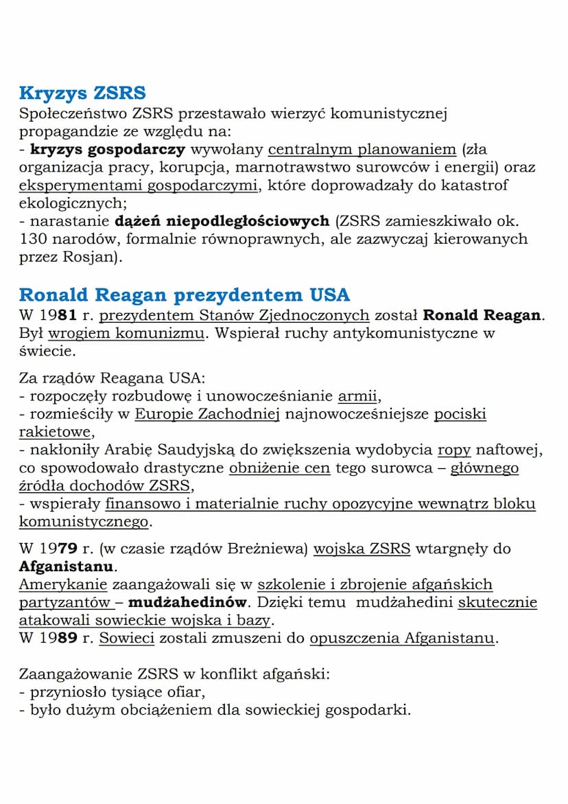 --- OCR Start ---
Kryzys ZSRS
Społeczeństwo ZSRS przestawało wierzyć komunistycznej
propagandzie ze względu na:
- kryzys gospodarczy wywołan