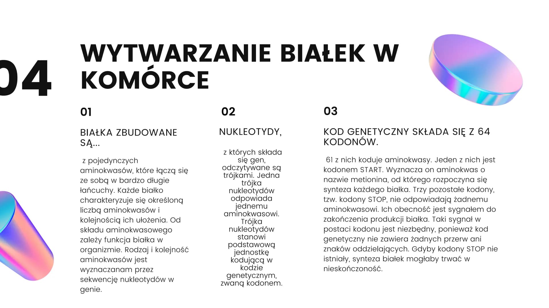 KOD
GENETYCZNY
01 Kod
genetyczny
CECHY ORGANIZMU ZALEŻĄ OD RODZAJU JEGO
BIAŁEK. INSTRUKCJA BUDOWY BIAŁEK,
CZYLIINFORMACJA GENETYCZNA, JEST Z
