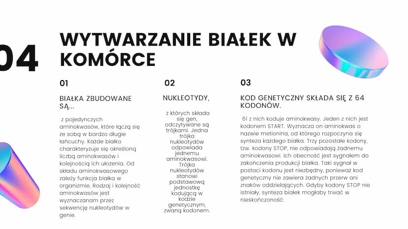 KOD
GENETYCZNY
01 Kod
genetyczny
CECHY ORGANIZMU ZALEŻĄ OD RODZAJU JEGO
BIAŁEK. INSTRUKCJA BUDOWY BIAŁEK,
CZYLIINFORMACJA GENETYCZNA, JEST Z