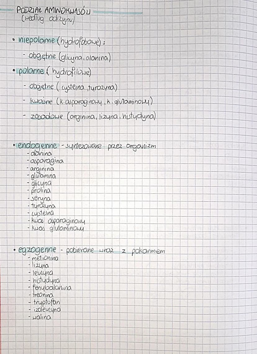 
<p>Ważne jest zrozumienie właściwości aminokwasów, ich różnych rodzajów oraz jakie białka są z nimi związane. Istnieje podział białek ze wz
