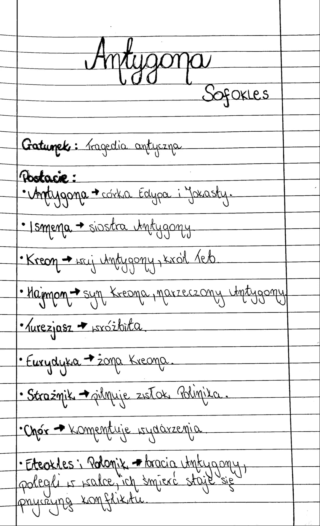Antygona
Sofokles
Gatunek: Tragedia antyczna
Postacie:
• Antygona → córka Edypa i Jakasty.
• Ismena → siostra Antygony
• Kreon → wuj Antygon