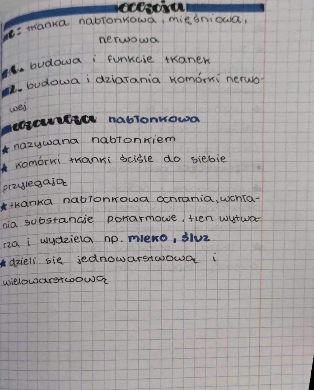ccesora
thanka nabТonkowa, mięśniowa,
nerwowa
budowa i funkcie tkanek
2. budowa i działania komórki nerwo-
wej
wanza nablonkowa
nazywana nab