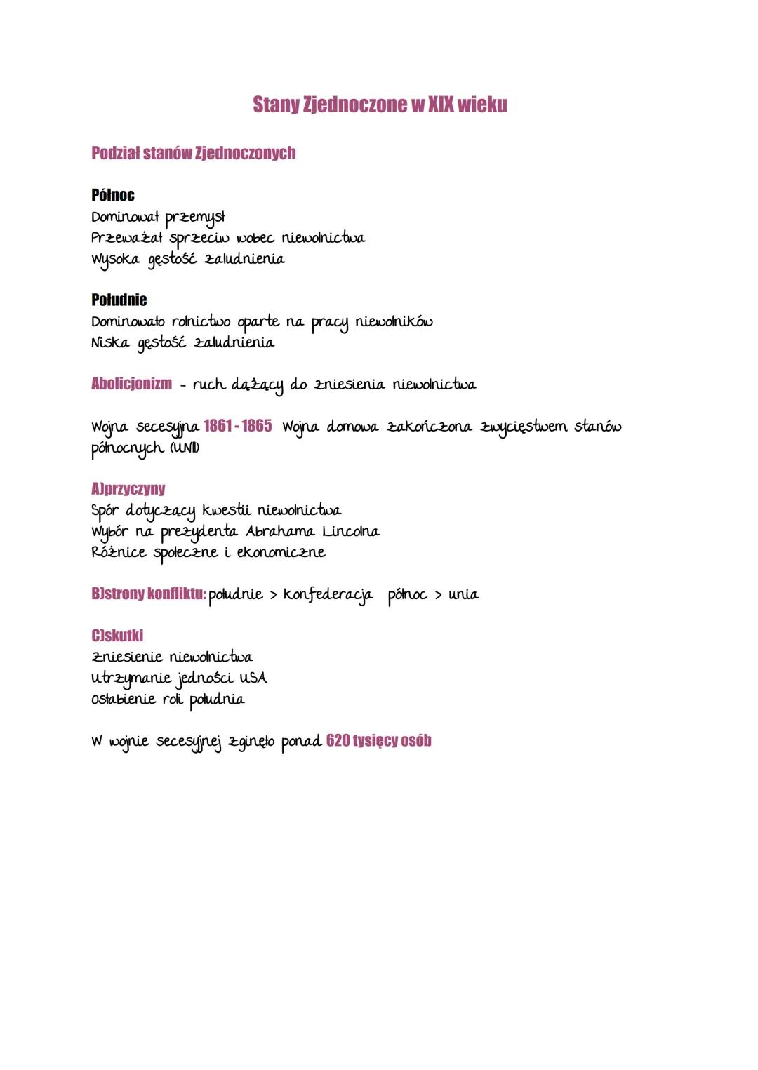 Stany Zjednoczone w XIX wieku
Podział stanów Zjednoczonych
Północ
Dominowat przemyst
Przeważał sprzeciw wobec niewolnictwa
Wysoka gęstość za