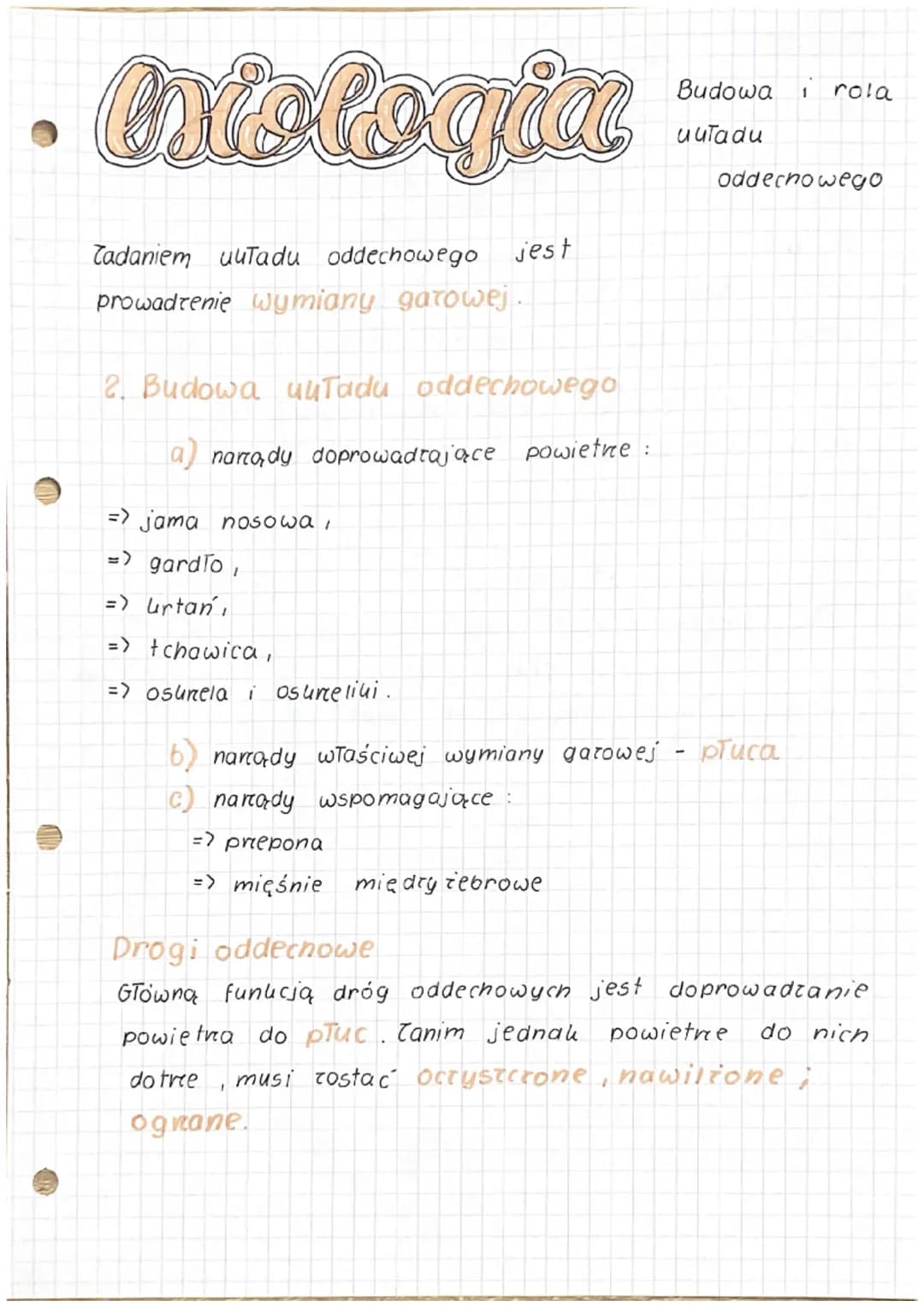 esiologia
Tadaniem uuTadu oddechowego jest
prowadzenie wymiany garowej.
2. Budowa uuTadu oddechowego
a) nartądy doprowadzające powietre :
=>