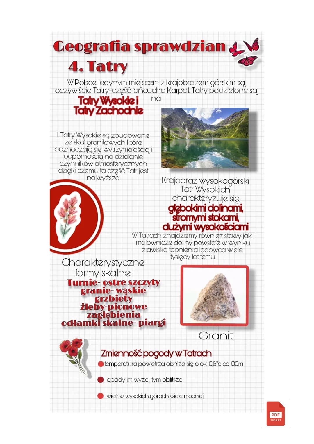 Geografia sprawdzian
4. Tatry
W Polsce jedynym miejscem z krajobrazem górskim są
oczywiście Tatry-część łańcucha Karpat Tatry podzielone są
