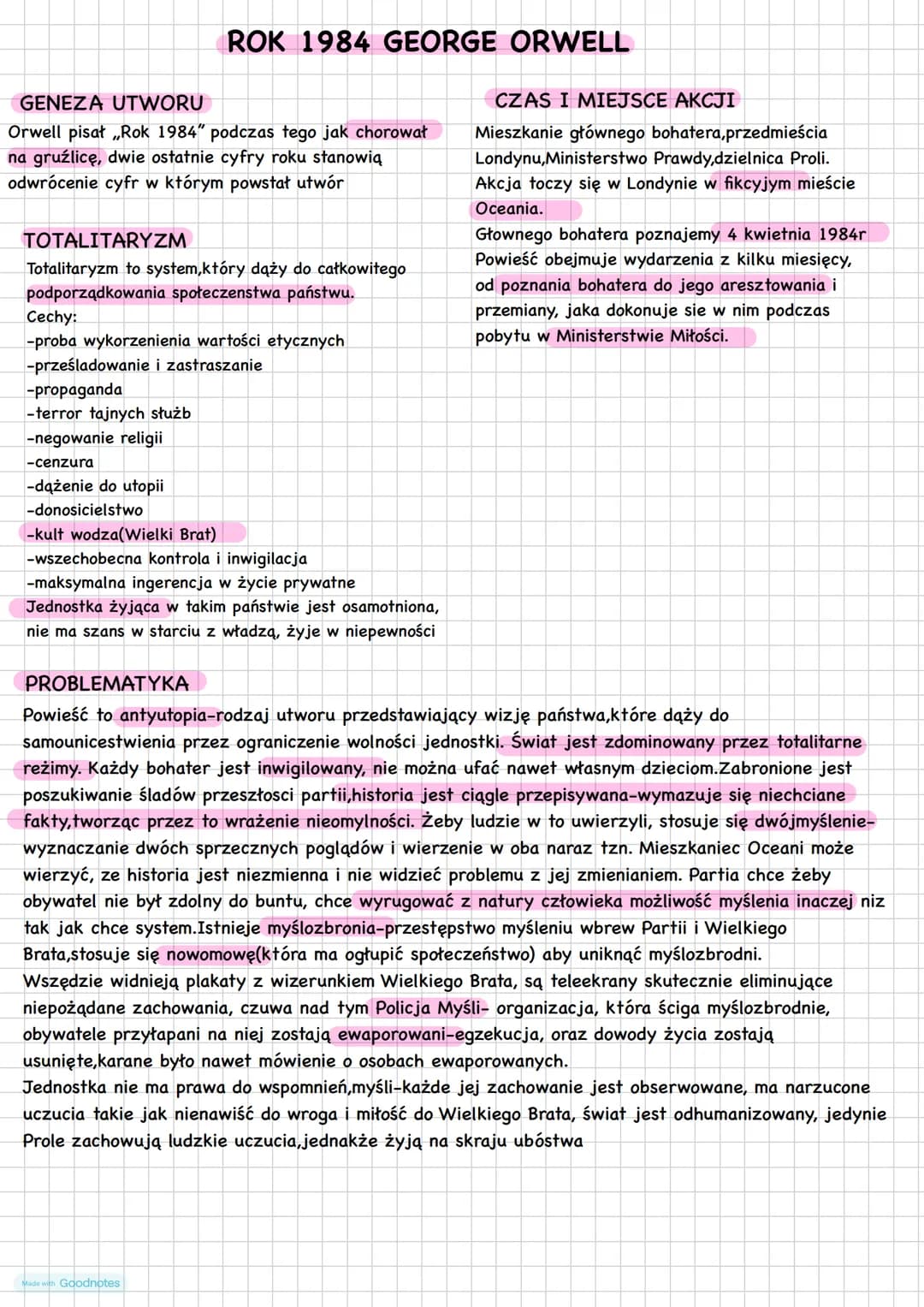 Mide with Goodnotes
ROK 1984
ORWELL GENEZA UTWORU
Orwell pisał „Rok 1984" podczas tego jak chorował
na gruźlicę, dwie ostatnie cyfry roku st