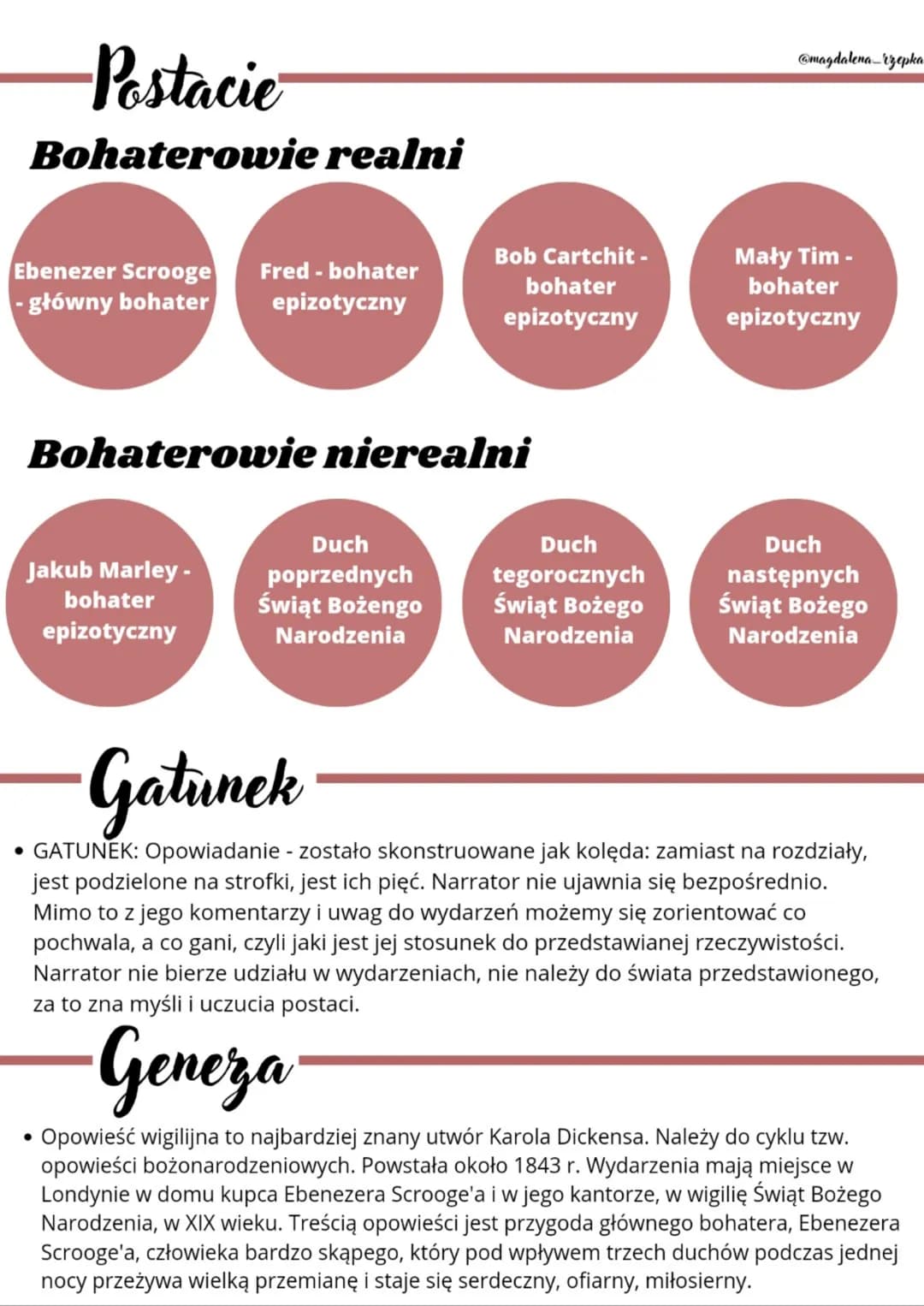 -Postacie
Bohaterowie realni
Ebenezer Scrooge Fred - bohater
- główny bohater epizotyczny
Bohaterowie nierealni
Jakub Marley-
bohater
epizot