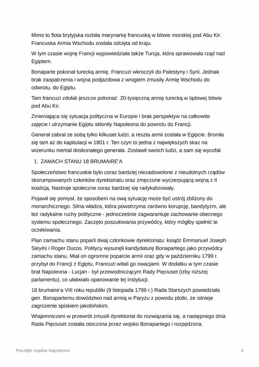 Początki rządów Napoleona
1. RZĄDU DYREKTORIATU
Dyrektoriat, który objął władzę po obaleniu Robespierre'a, składał się z pięciu
dyrektorów w