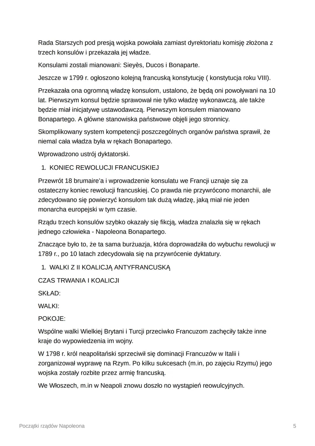 Początki rządów Napoleona
1. RZĄDU DYREKTORIATU
Dyrektoriat, który objął władzę po obaleniu Robespierre'a, składał się z pięciu
dyrektorów w