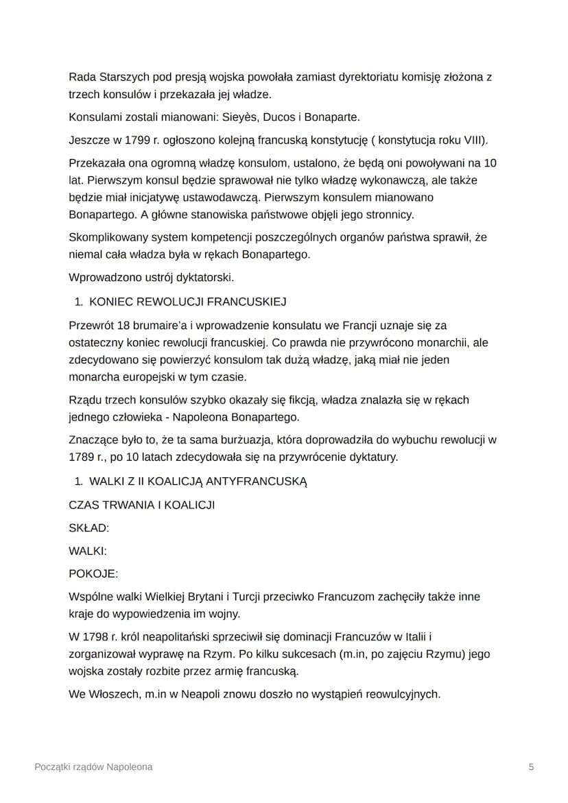 Początki rządów Napoleona
1. RZĄDU DYREKTORIATU
Dyrektoriat, który objął władzę po obaleniu Robespierre'a, składał się z pięciu
dyrektorów w