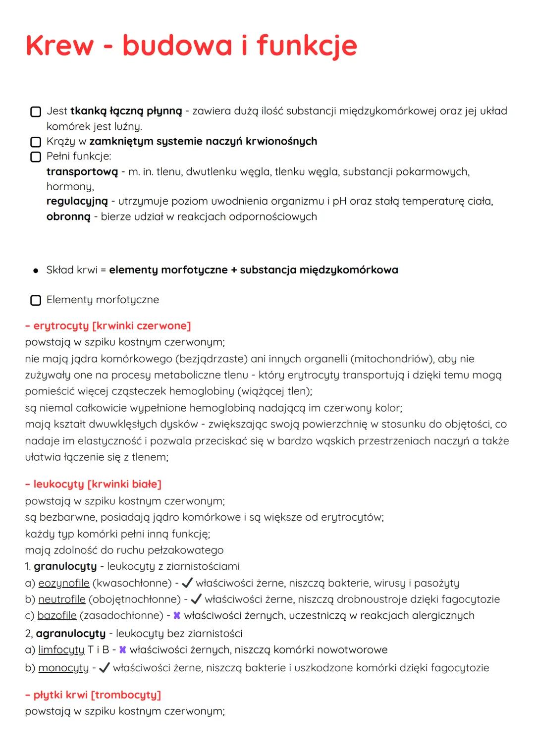 # Krew - budowa i funkcje

Jest tkanką łączną płynną - zawiera dużą ilość substancji międzykomórkowej oraz jej układ
komórek jest luźny.
Krą