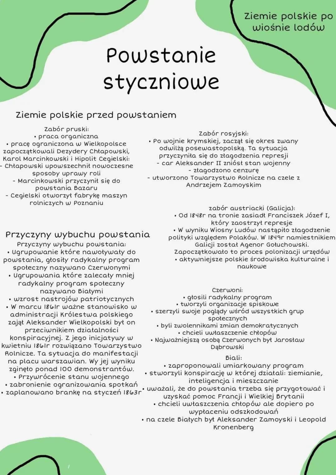 Powstanie
styczniowe
Ziemie polskie przed powstaniem
Zabór pruski:
• praca organiczna
• pracę ograniczona w Wielkopolsce
zapoczątkowali Dezy