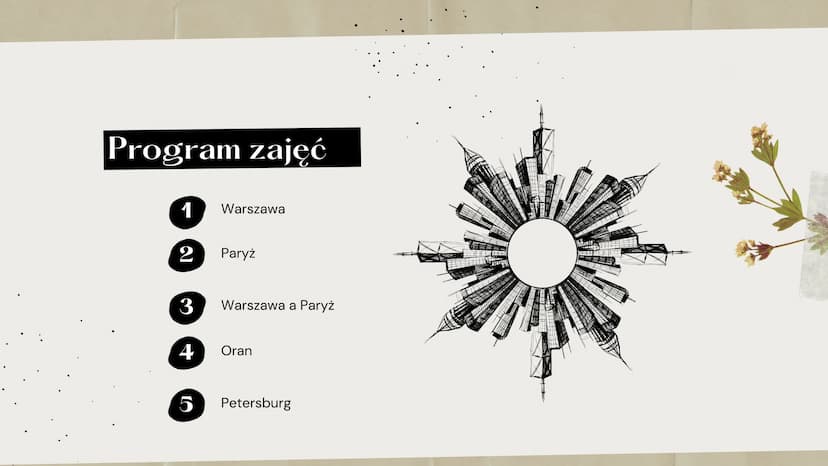 Wizja
miast
MN
SW
Literackie porównanie opisów miast w dziełach
NE
SE
-E Program zajęć
1 Warszawa
2
3
4
5
Paryż
Warszawa a Paryż
Oran
Peters