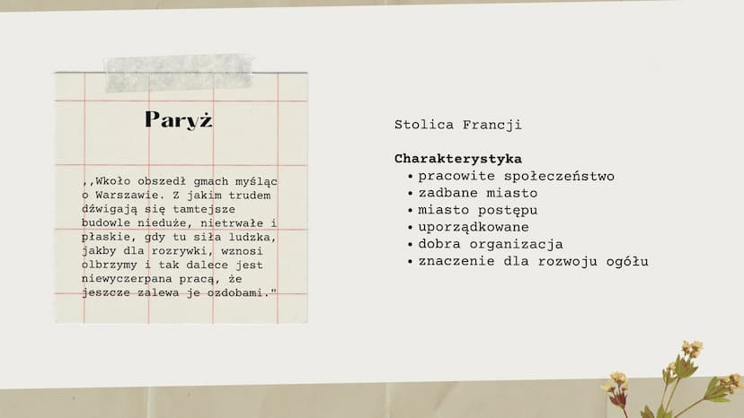 Wizja
miast
MN
SW
Literackie porównanie opisów miast w dziełach
NE
SE
-E Program zajęć
1 Warszawa
2
3
4
5
Paryż
Warszawa a Paryż
Oran
Peters