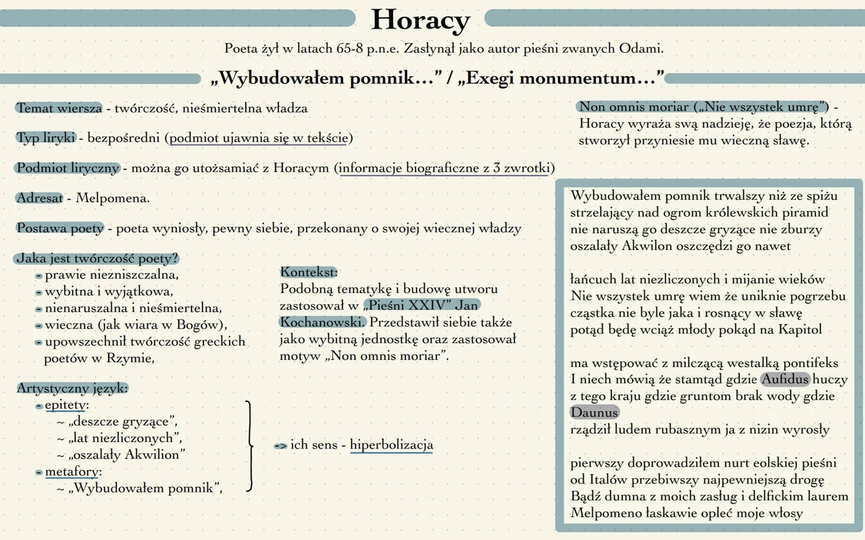 Horacy
Poeta żył w latach 65-8 p.n.e. Zasłynął jako autor pieśni zwanych Odami.
,,Wybudowałem pomnik..." / „Exegi monumentum...”
Temat wiers