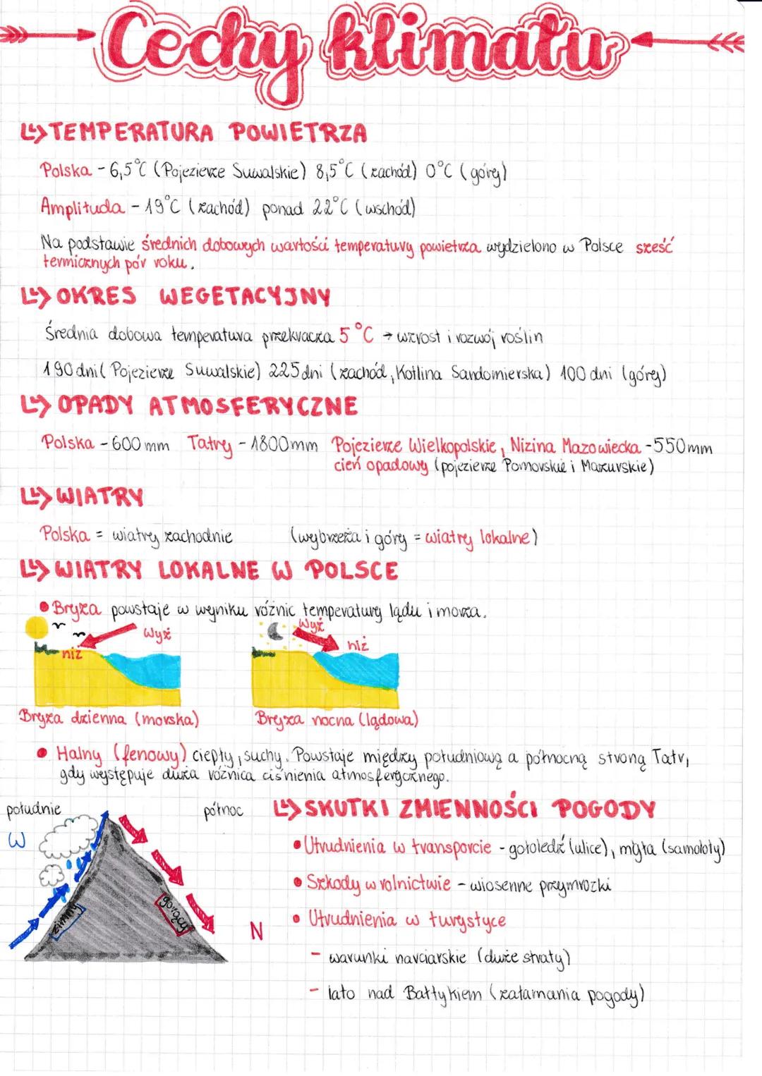 Cechy klimatu
LOTEMPERATURA POWIETRZA
Polska - 6,5°C (Pojezierze Suwalskie) 8,5°C (zachod) 0°C (gory)
Amplituda -19°C (zachód) ponad 22°C (w