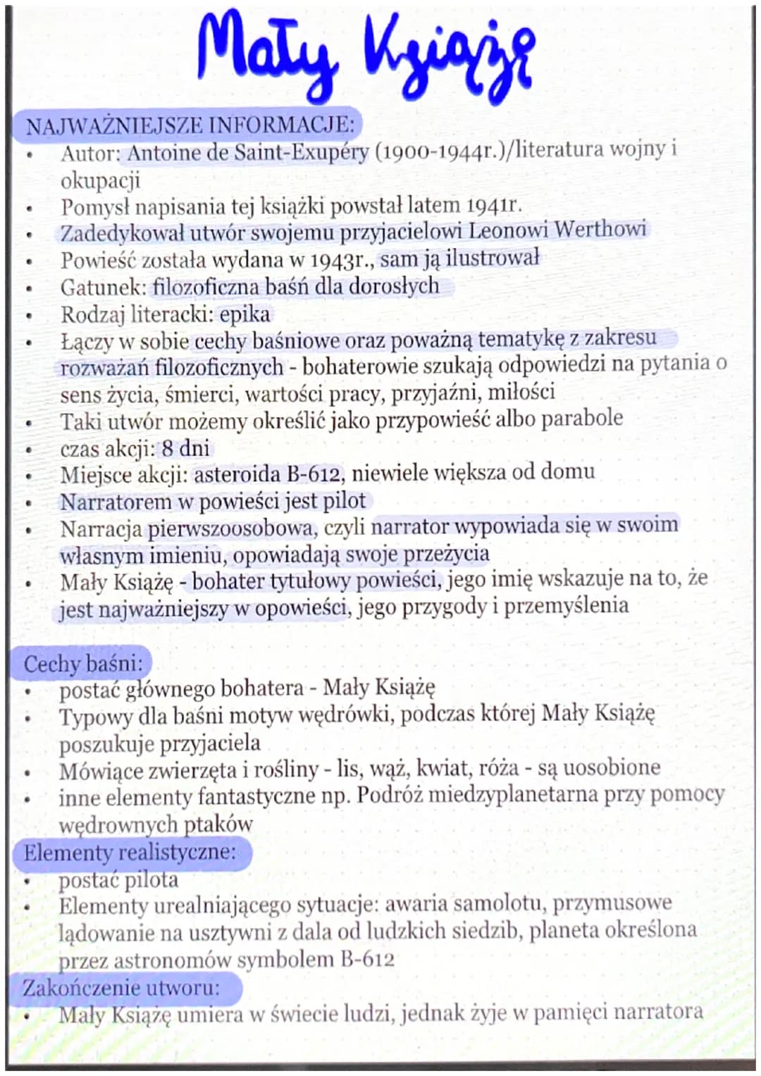 NAJWAŻNIEJSZE INFORMACJE:
Autor: Antoine de Saint-Exupéry (1900-1944r.)/literatura wojny i
okupacji
Pomysł napisania tej książki powstał lat