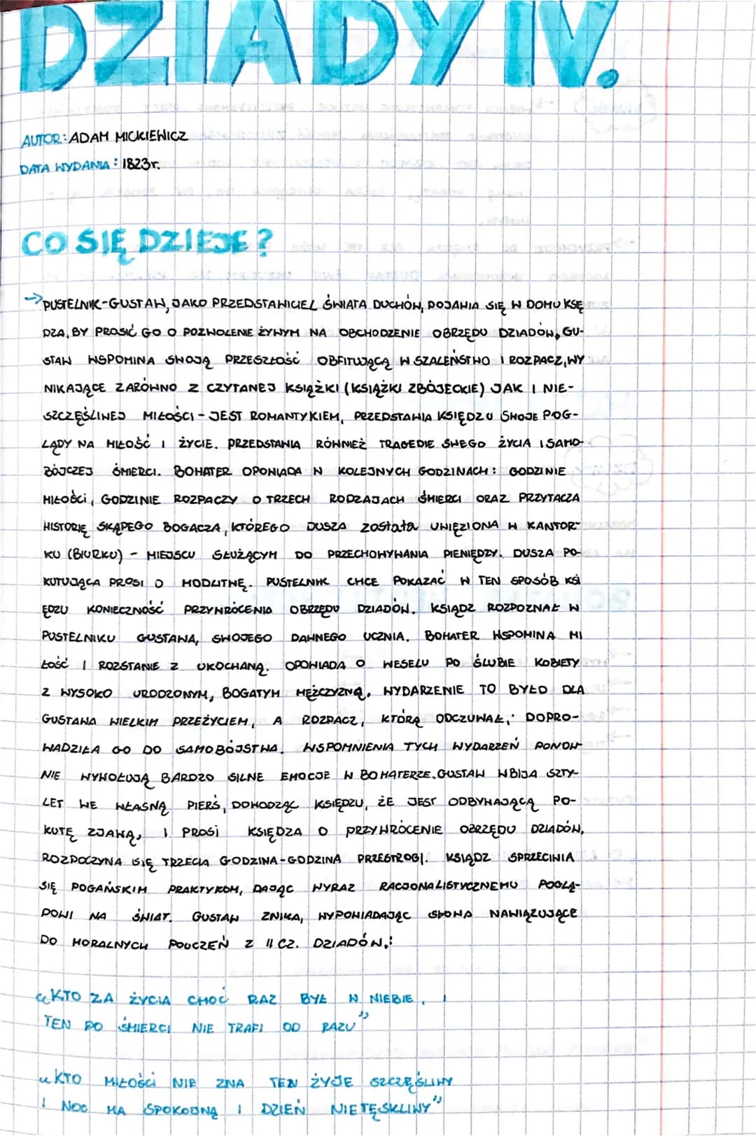 DZIADY IV.
AUTOR: ADAM MICKIEWICZ
DATA WYDANIA: 1823r.
CO SIĘ DZIEJE?
PUSTELNIK-GUSTAH, JAKO PRZEDSTAWICIEL ŚWIATA DUCHON, POJAWIA SIĘ W DOM