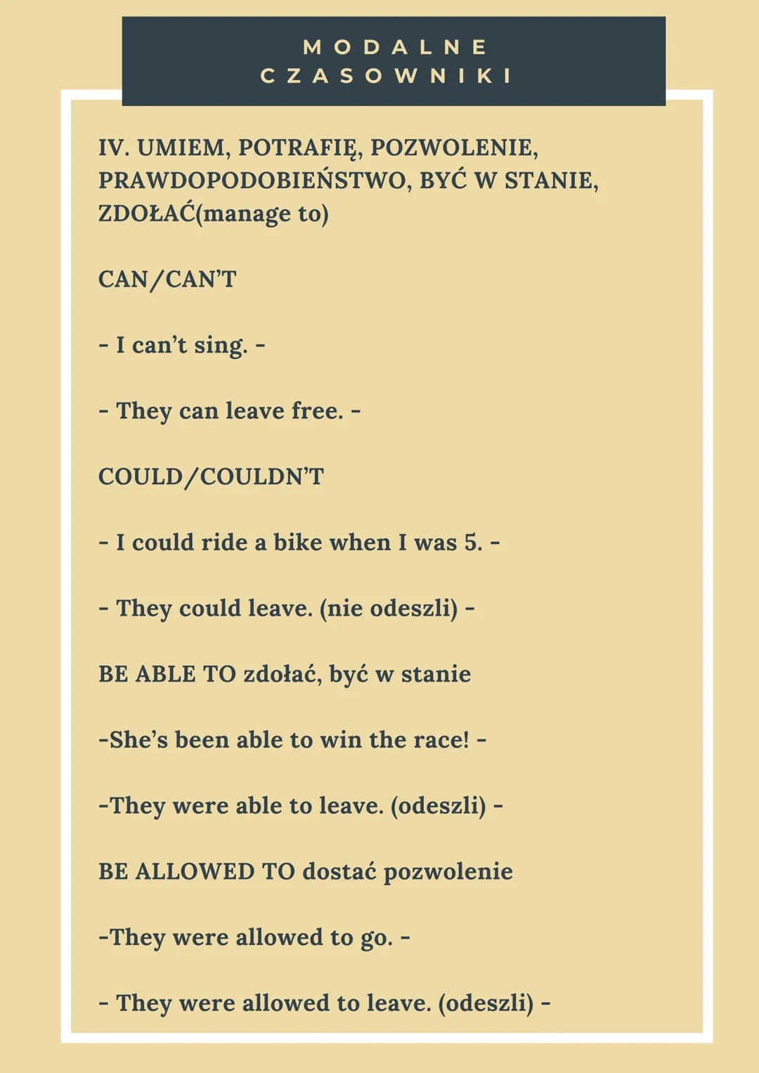 MODALNE
CZASOWNIKI
IV. UMIEM, POTRAFIĘ, POZWOLENIE,
PRAWDOPODOBIEŃSTWO, BYĆ W STANIE,
ZDOŁAĆ(manage to)
CAN/CAN'T
- I can't sing. -
- They c