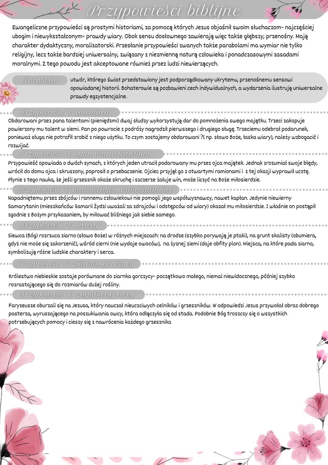 Przypowieści biblijne
Ewangeliczne przypowieści są prostymi historiami, za pomocą których Jezus objaśnił swoim słuchaczom- najczęściej
ubogi