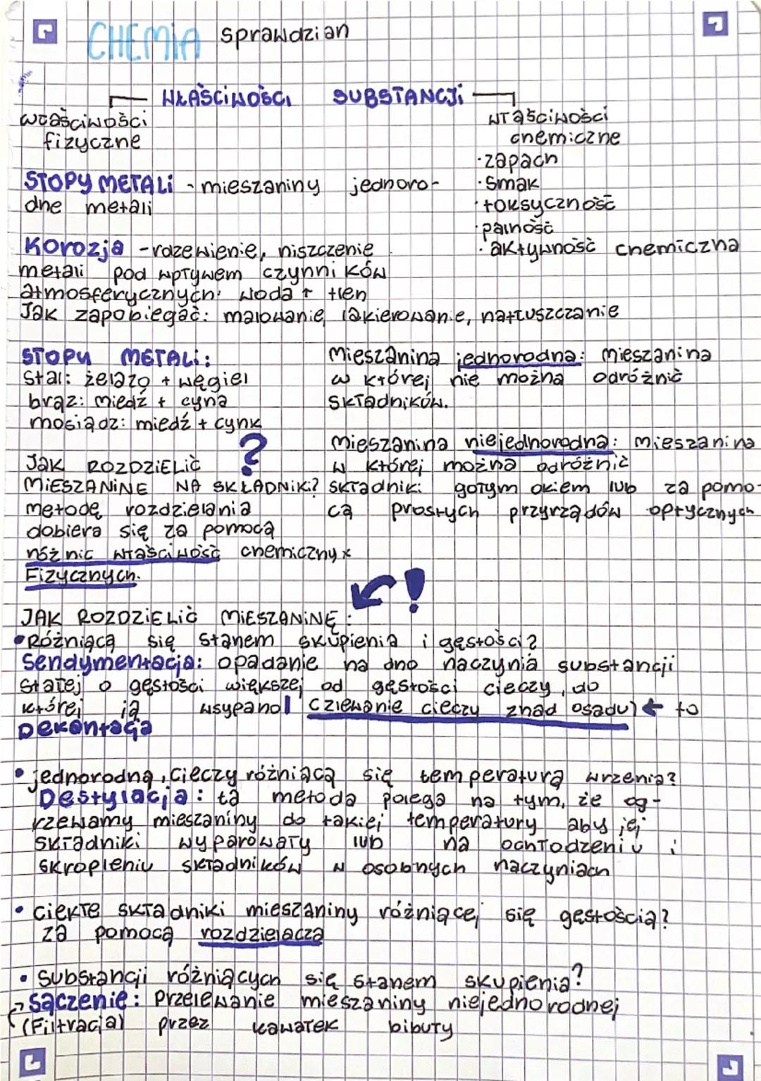# CHEonia sprawdzian

woaściwości
fizyczne

HŁAŚCIWOŚCI SUBSTANCJI

STOPY METALI mieszaniny jednoro-
dne metali

Korozja -vazewienie, niszcz