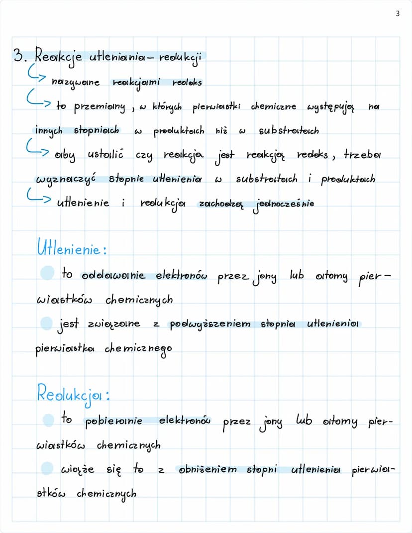 3. Reakcje utleniania - redukcji
→ nazywane reakcjami redoks
→ to przemiany, w których pierwiastki chemiczne występują na
innych stopniach w