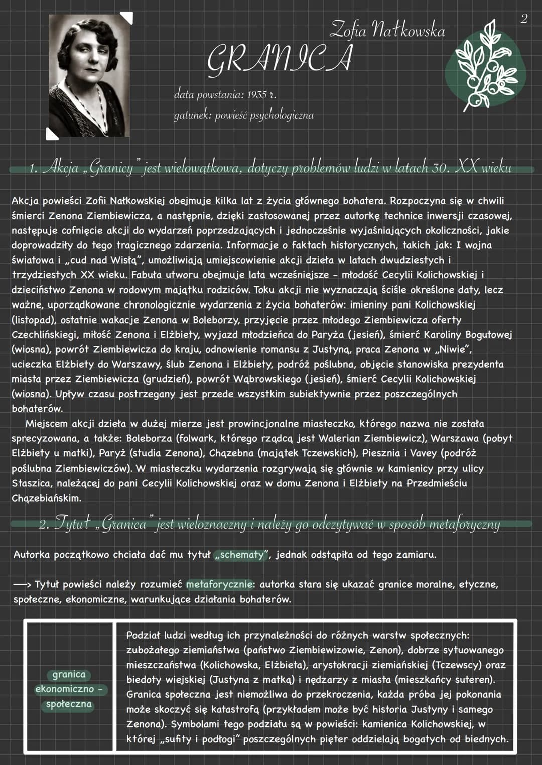 Zofia natkowska
GRANICA
data powstania: 1935 r.
gatunek: powieść psychologiczna
granica
ekonomiczno
społeczna
1. Akcja Granicy" jest wielową
