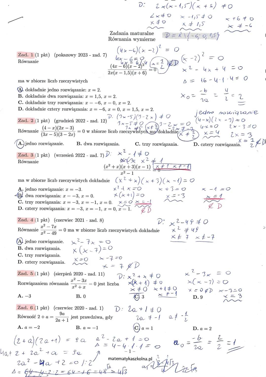 Równania wymierne zadania