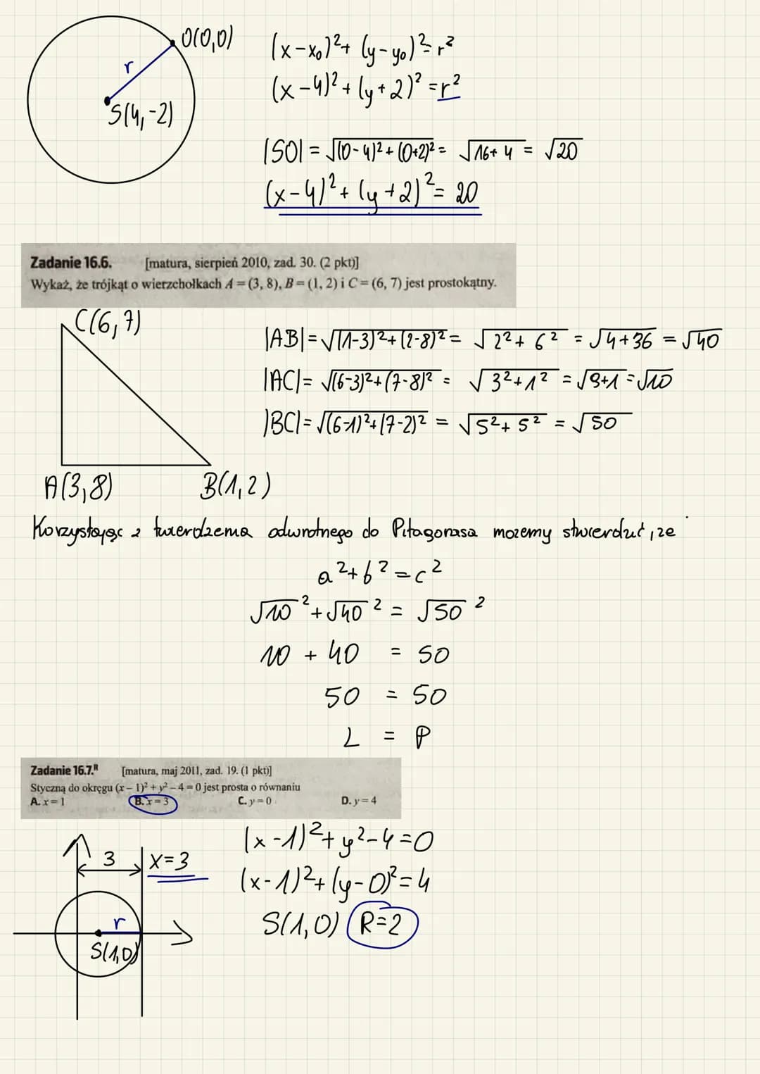 Zadanie 16.1. [matura, maj 2010, zad. 21. (1 pkt)]
Wskaż równanie okręgu o promieniu 6.
A. x² +2²=3
B.x²+²=6
ZADANIA
C.x²+²=12
2
2
(x-xo) ² 