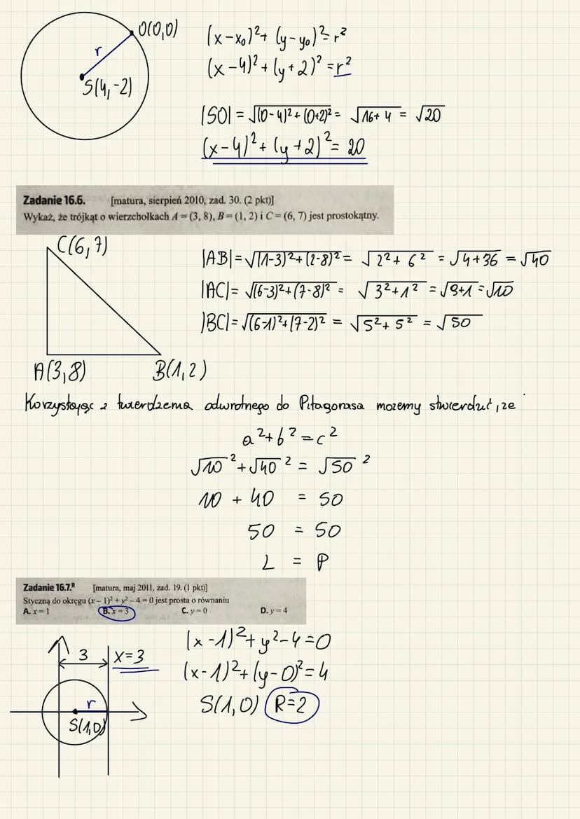 Zadanie 16.1. [matura, maj 2010, zad. 21. (1 pkt)]
Wskaż równanie okręgu o promieniu 6.
A. x² +2²=3
B.x²+²=6
ZADANIA
C.x²+²=12
2
2
(x-xo) ² 