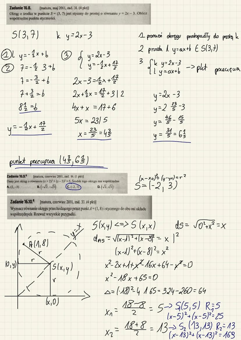 Zadanie 16.1. [matura, maj 2010, zad. 21. (1 pkt)]
Wskaż równanie okręgu o promieniu 6.
A. x² +2²=3
B.x²+²=6
ZADANIA
C.x²+²=12
2
2
(x-xo) ² 