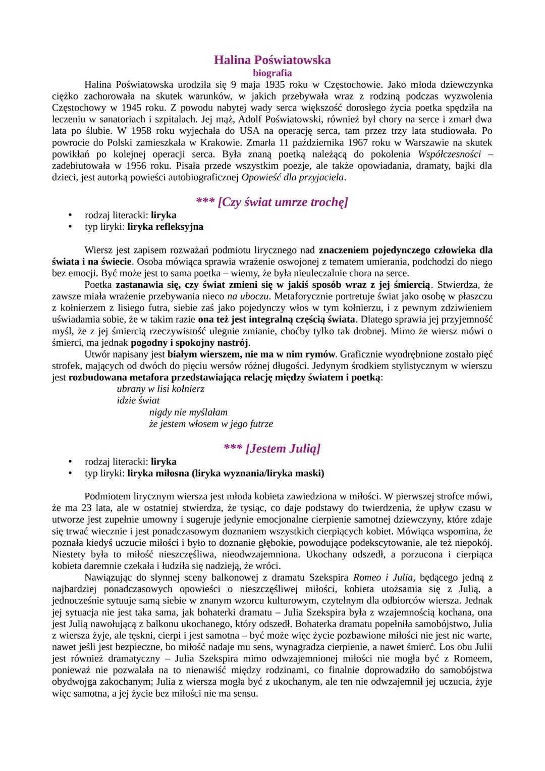 Analiza wierszy Haliny Poświatowskiej - szczegółowe opracowanie