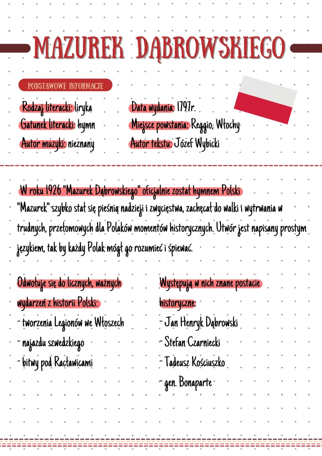 MAZUREK DĄBROWSKIEGO
PODSTAWOWE INFORMACJE
Rodzaj literacki: liryka
Gatunek literacki: hymn
Autor muzyki nieznany
Data wydania: 1797r.
Miejs