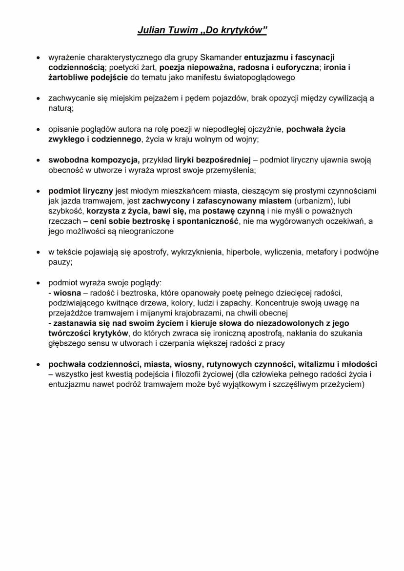 ●
●
fascynacja wielkim miastem (urbanizm), tłumem i wynalazkami technicznymi
• odejście od twórczości patriotycznej i obywatelskiej na rzecz