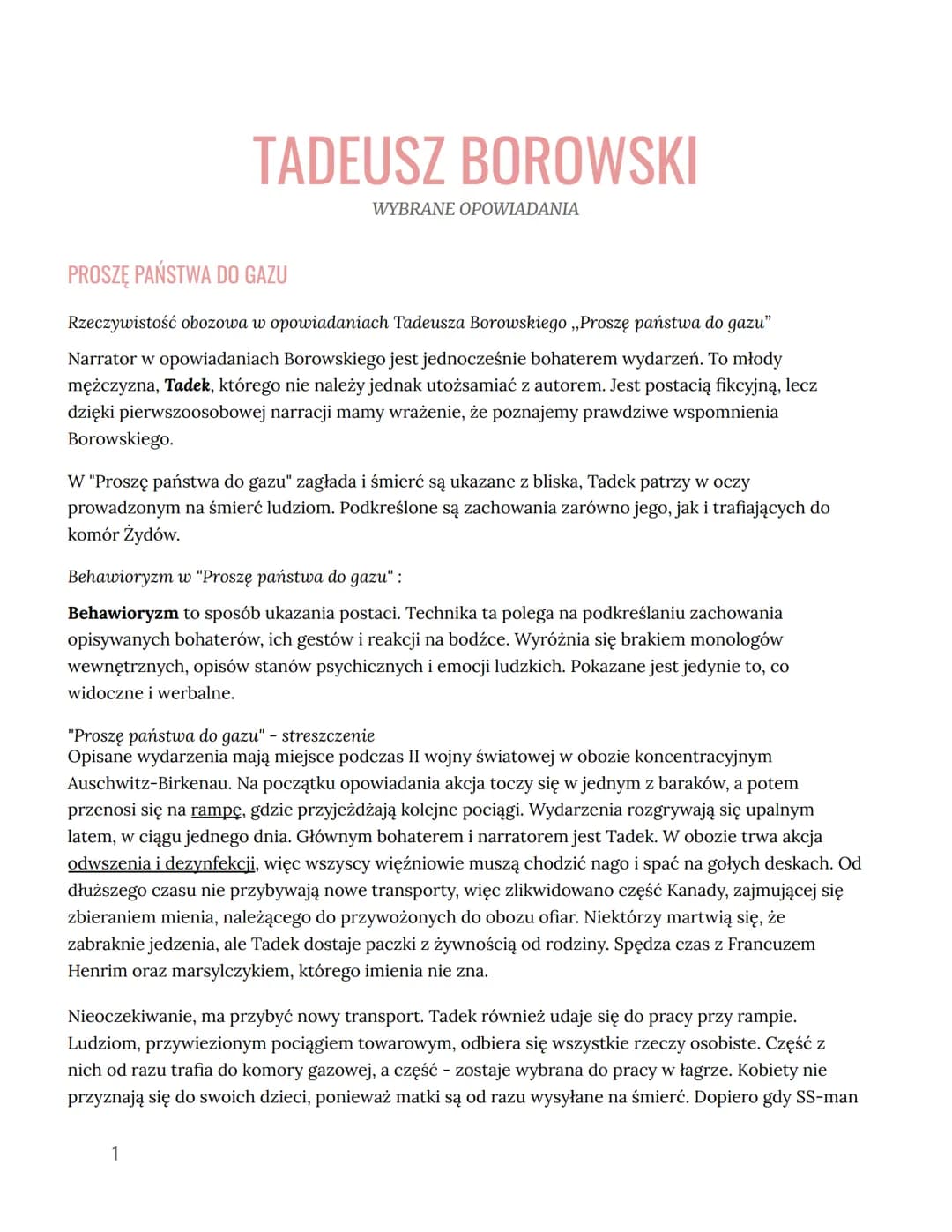 TADEUSZ BOROWSKI
WYBRANE OPOWIADANIA
PROSZĘ PAŃSTWA DO GAZU
Rzeczywistość obozowa w opowiadaniach Tadeusza Borowskiego ,,Proszę państwa do g