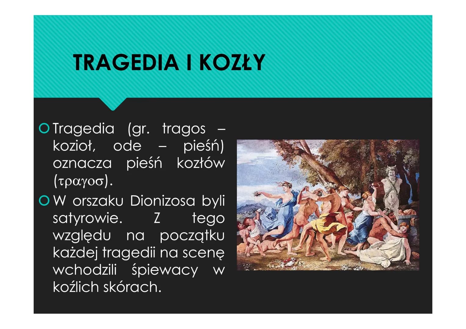 TEATR GRECKI
CZYLI POCZĄTKI DRAMATU GENEZA TEATRU GRECKIEGO
Podczas ateńskich świąt ku czci Dionizosa -
Wielkich Dionizjów organizowano konk