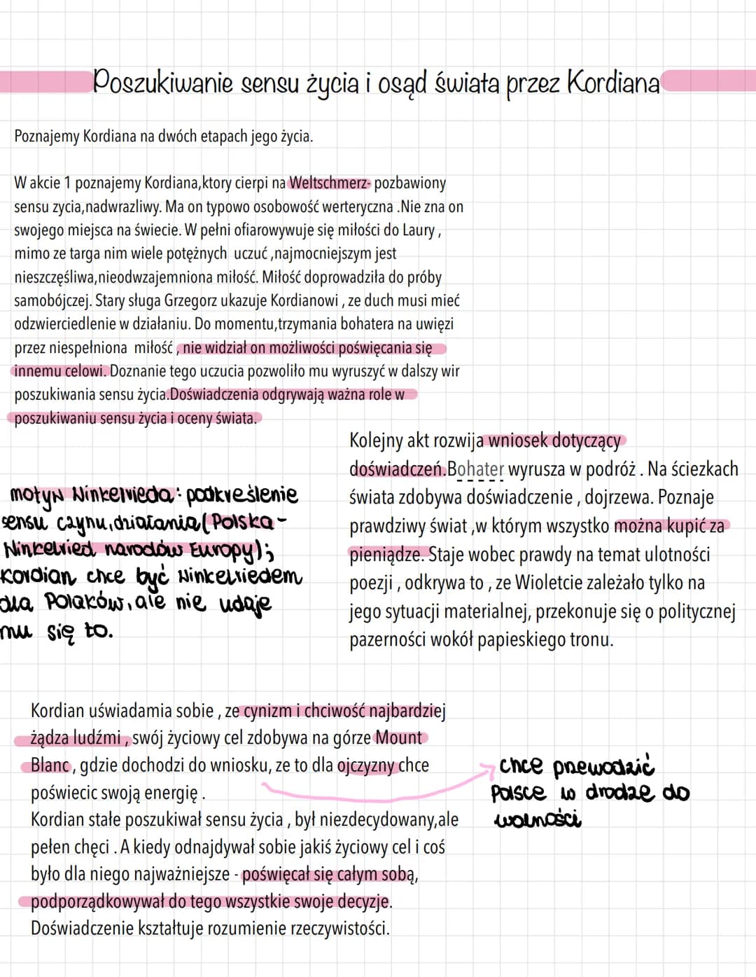 Poszukiwanie sensu życia i osąd świata przez Kordiana
Poznajemy Kordiana na dwóch etapach jego życia.
W akcie 1 poznajemy Kordiana,ktory cie