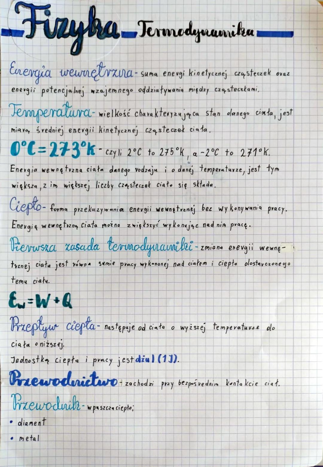 Fizyka_Termodymanitia
Energia wewnętrzira.
Suma
energii potencjalnej wzajemnego oddziaływania między cząsteczkami,
enevgi kinetycznej cząste