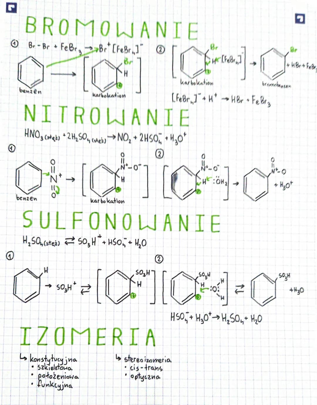 BROMOWANIE
Br-Br FeBr Br [FeBr.] @
Q
benzen
1
karbokation
NITROWANIE
HNO3(s) +2H₂SO4 (→→NO₂ + 2HSO + H₂O
benzen
+
.
2
otchichch
H
kar bokati