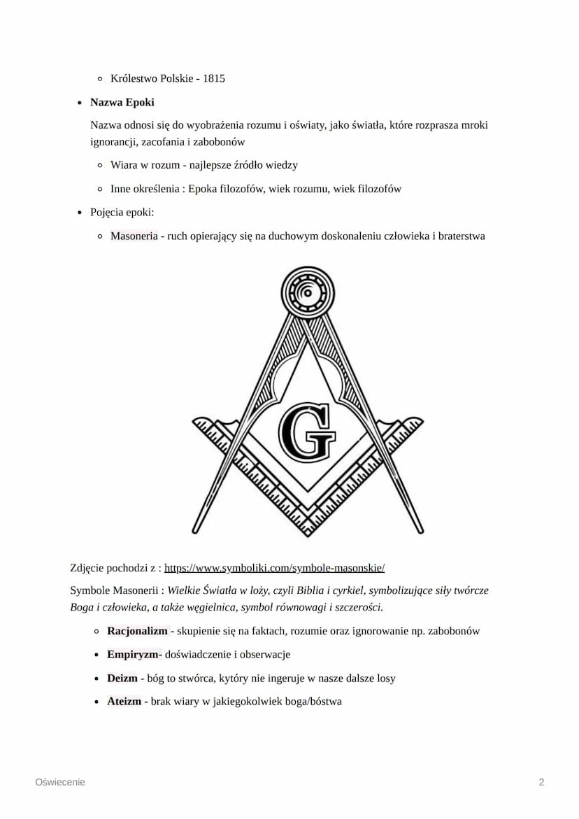 Oświecenie
Oświecenie "Epoka filozofów"
Najważniejsze daty
o Oświecenie w Europie : 1688 - 1789
o
Oświecenie w Polsce: 1740 - 1815
●
Oświece