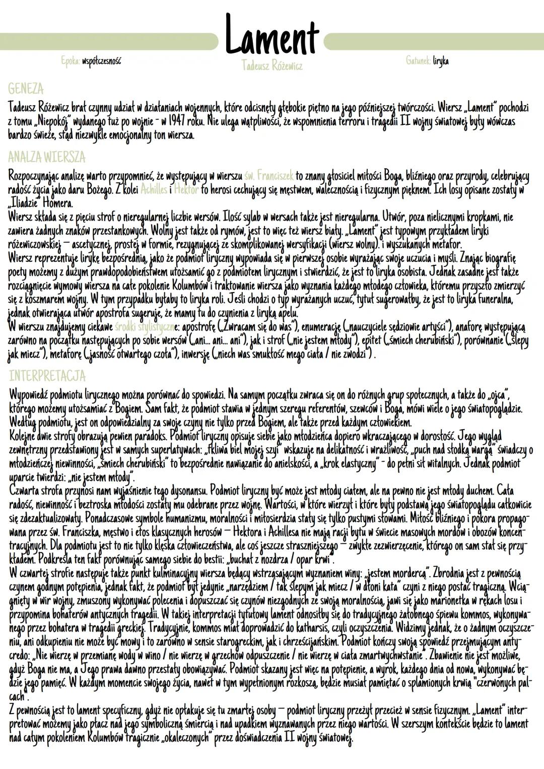 Epoka współczesność
Lament
Tadeusz Różewicz
Gatunek: liryka
GENEZA
Tadeusz Różewicz brał czynny udział w działaniach wojennych, które odcisn