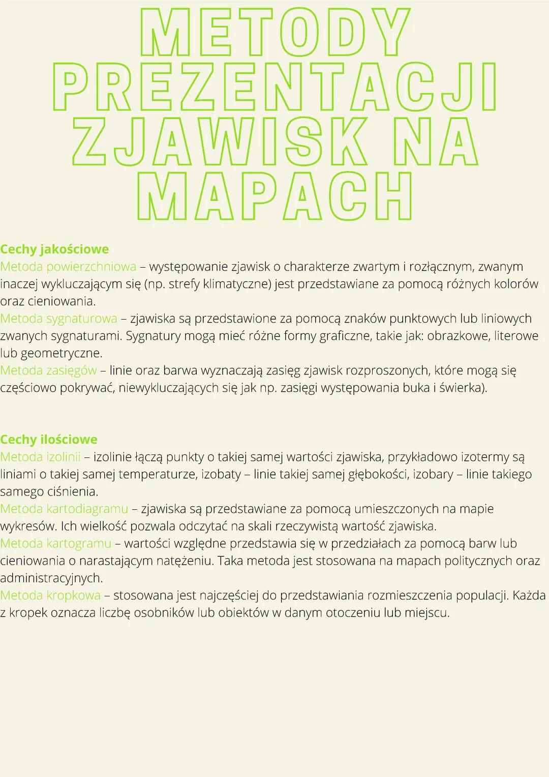 Jakie są Metody prezentacji zjawisk na mapach: Metoda sygnaturowa, kropkowa, kartogram, izolinii, zasięgów i powierzchniowa