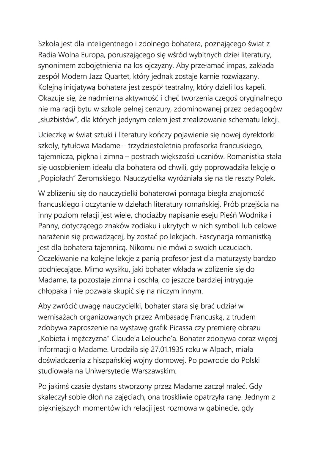 MADAME ~ ANTONI LIBERA
,,Madame" jest doskonałym przykładem literatury dygresyjnej, w której
wątek miłosny staje się zalążkiem wątków pobocz