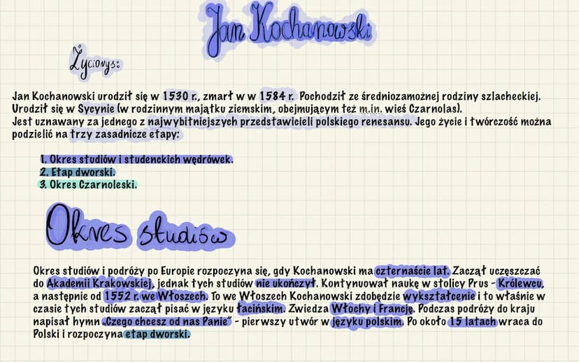 JĘZYK POLSKI Jan Kochanawsle
Żyworys:
Jan Kochanowski urodził się w 1530 r., zmarł w w 1584 r. Pochodził ze średniozamożnej rodziny szlachec